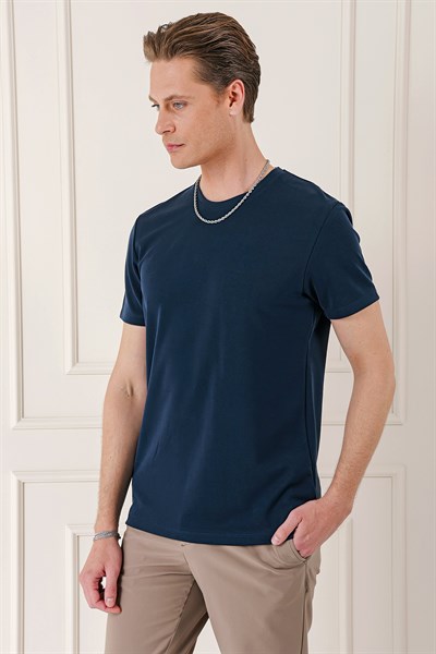 Slim Fit Bisiklet Yaka Pamuklu Lacivert Tişört Ts 880