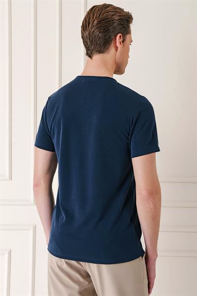 Slim Fit Bisiklet Yaka Pamuklu Lacivert Tişört Ts 880