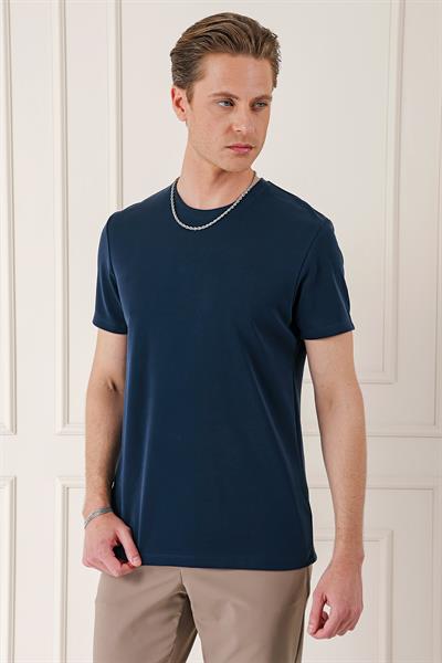 Slim Fit Bisiklet Yaka Pamuklu Lacivert Tişört Ts 880