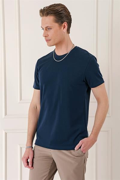 Slim Fit Bisiklet Yaka Pamuklu Lacivert Tişört Ts 880