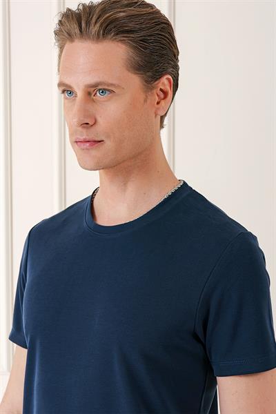 Slim Fit Bisiklet Yaka Pamuklu Lacivert Tişört Ts 880