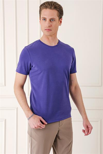 Slim Fit Bisiklet Yaka Pamuklu Mor Tişört Ts 880
