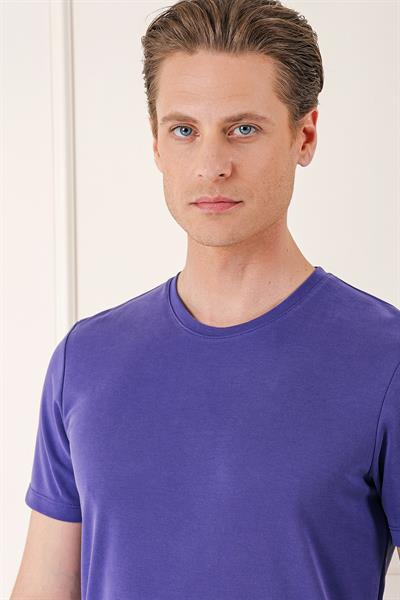 Slim Fit Bisiklet Yaka Pamuklu Mor Tişört Ts 880