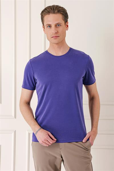 Slim Fit Bisiklet Yaka Pamuklu Mor Tişört Ts 880