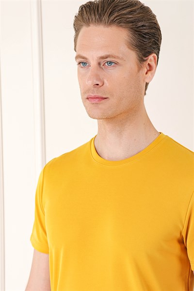 Slim Fit Bisiklet Yaka Pamuklu Safran Tişört Ts 880