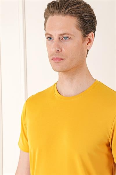 Slim Fit Bisiklet Yaka Pamuklu Safran Tişört Ts 880