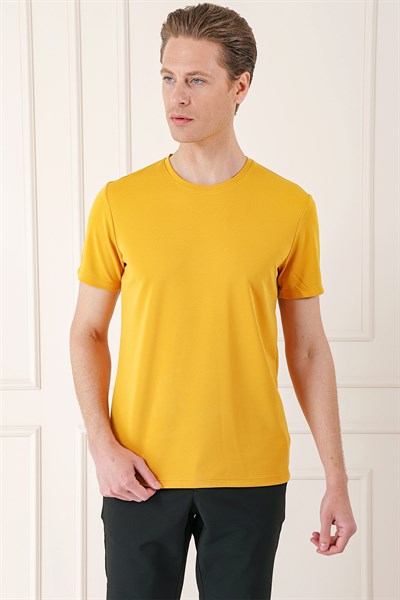 Slim Fit Bisiklet Yaka Pamuklu Safran Tişört Ts 880