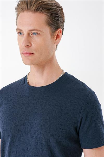 Slim Fit Bisiklet Yaka Sıva Dokuma Pamuklu Lacivert Tişört Ts 882
