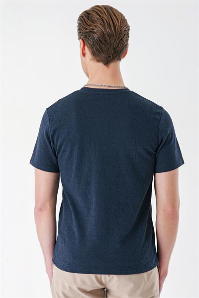 Slim Fit Bisiklet Yaka Sıva Dokuma Pamuklu Lacivert Tişört Ts 882