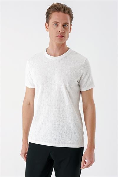 Slim Fit Bisiklet Yaka Sıva Dokuma Pamuklu Ekru Tişört Ts 882