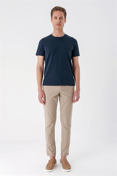 Slim Fit Bisiklet Yaka Sıva Dokuma Pamuklu Lacivert Tişört Ts 882