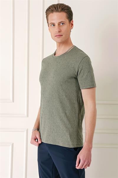 Slim Fit Bisiklet Yaka Sıva Dokuma Pamuklu Haki Tişört Ts 882