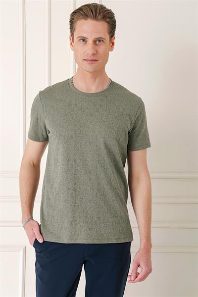 Slim Fit Bisiklet Yaka Sıva Dokuma Pamuklu Haki Tişört Ts 882