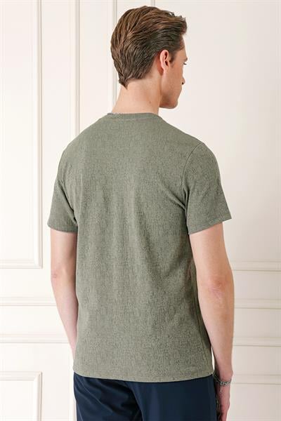 Slim Fit Bisiklet Yaka Sıva Dokuma Pamuklu Haki Tişört Ts 882
