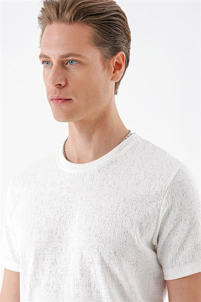 Slim Fit Bisiklet Yaka Sıva Dokuma Pamuklu Ekru Tişört Ts 882