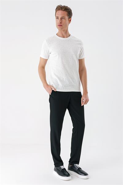Slim Fit Bisiklet Yaka Sıva Dokuma Pamuklu Ekru Tişört Ts 882