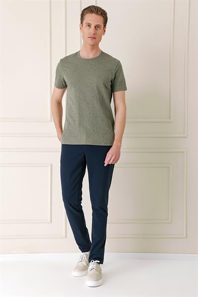 Slim Fit Bisiklet Yaka Sıva Dokuma Pamuklu Haki Tişört Ts 882
