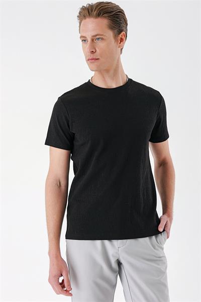 Slim Fit Bisiklet Yaka Sıva Dokuma Pamuklu Siyah Tişört Ts 882