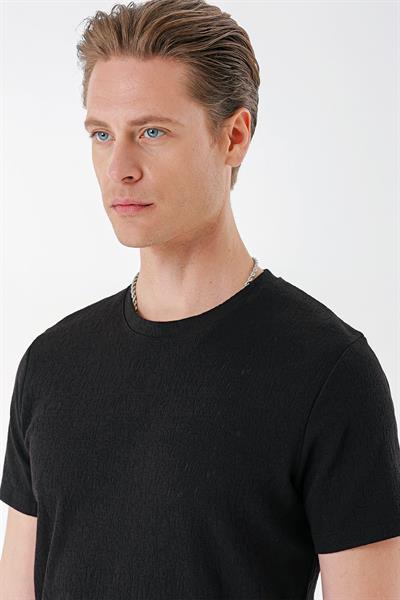 Slim Fit Bisiklet Yaka Sıva Dokuma Pamuklu Siyah Tişört Ts 882