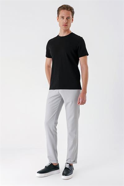 Slim Fit Bisiklet Yaka Sıva Dokuma Pamuklu Siyah Tişört Ts 882