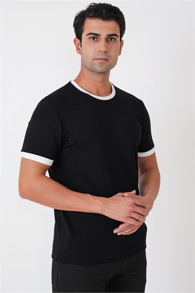 Slim Fit Bisiklet Yaka Siyah-Ekru Tişört TS 932