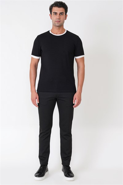 Slim Fit Bisiklet Yaka Siyah-Ekru Tişört TS 932