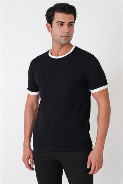 Slim Fit Bisiklet Yaka Siyah-Ekru Tişört TS 932
