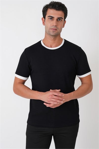 Slim Fit Bisiklet Yaka Siyah-Ekru Tişört TS 932