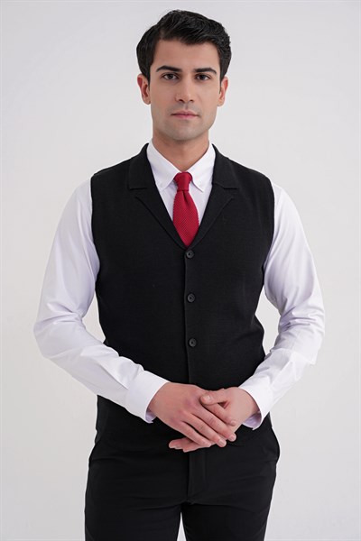 Slim Fit Ceket Yaka Düğmeli Siyah Yünlü Triko Yelek TRY 012