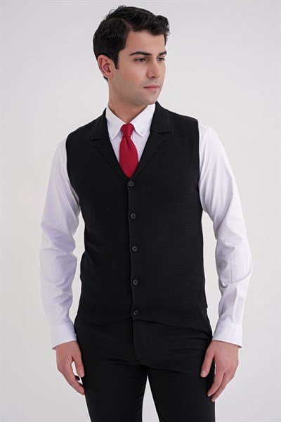 Slim Fit Ceket Yaka Düğmeli Siyah Yünlü Triko Yelek TRY 012