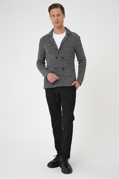 Slim Fit Ceket Yaka Torba Cep Kruvaze Koyu Gri Yünlü Örme Triko Ceket 01