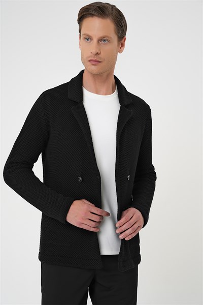 Slim Fit Ceket Yaka Torba Cep Kruvaze Siyah Yünlü Örme Triko Ceket 01