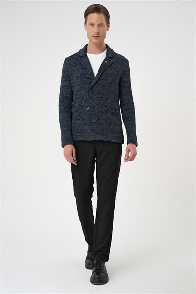 Slim Fit Ceket Yaka Torba Cep Kruvaze Lacivert Yünlü Örme Triko Ceket 01