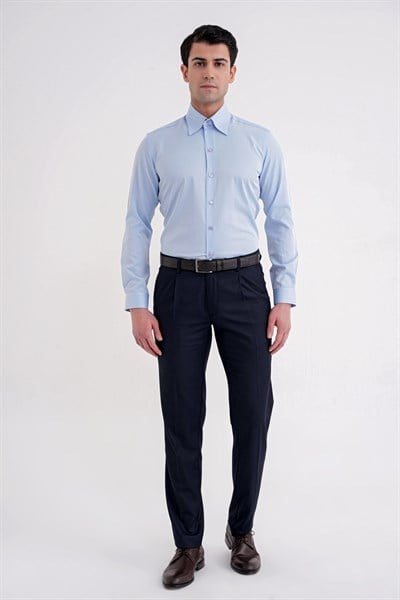 Slim Fit Çift Düğmeli Yüksek Yaka Pamuklu Açık Mavi Gömlek GK 742