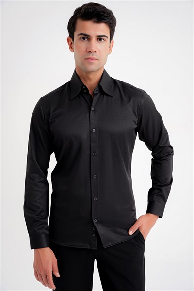 Slim Fit Çift Düğmeli Yüksek Yaka Pamuklu Siyah Gömlek GK 742