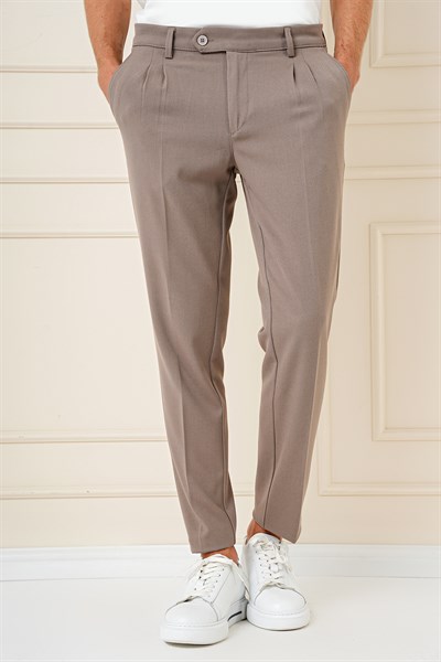 Slim Fit Çift Pileli Yan Cep Esnek Pamuk Bej Pantolon P 1164