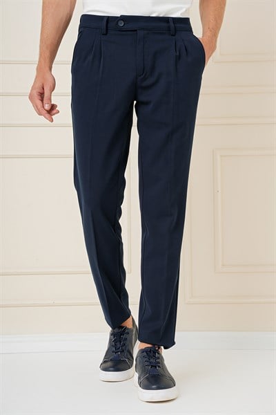 Slim Fit Çift Pileli Yan Cep Esnek Pamuk Lacivert Pantolon P 1164