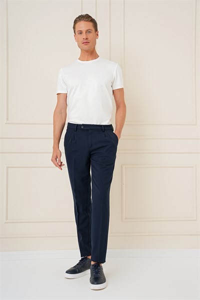 Slim Fit Çift Pileli Yan Cep Esnek Pamuk Lacivert Pantolon P 1164