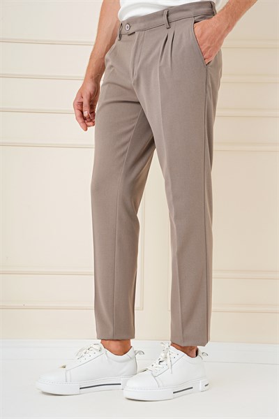 Slim Fit Çift Pileli Yan Cep Esnek Pamuk Bej Pantolon P 1164