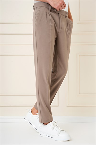 Slim Fit Çift Pileli Yan Cep Esnek Pamuk Bej Pantolon P 1164