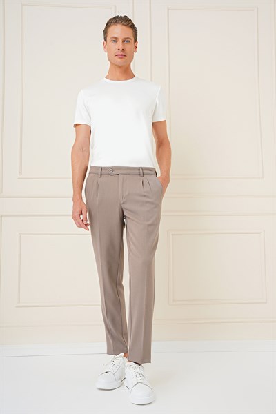 Slim Fit Çift Pileli Yan Cep Esnek Pamuk Bej Pantolon P 1164