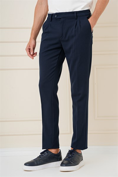 Slim Fit Çift Pileli Yan Cep Esnek Pamuk Lacivert Pantolon P 1164