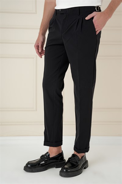 Slim Fit Çift Pileli Yanlardan Tokalı Esnek Pamuk Siyah Pantolon P 1162