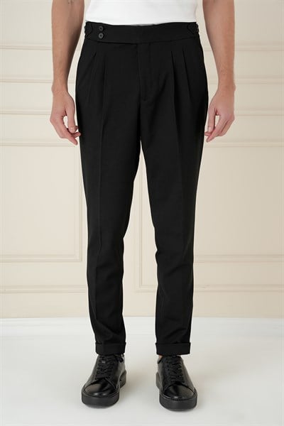 Slim Fit Çift Pileli Yanlardan Tokalı Esnek Pamuk Siyah Pantolon P 1167