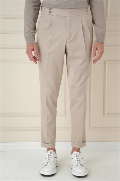 Slim Fit Çift Pileli Yanlardan Tokalı Esnek Pamuk Bej Pantolon P 1167
