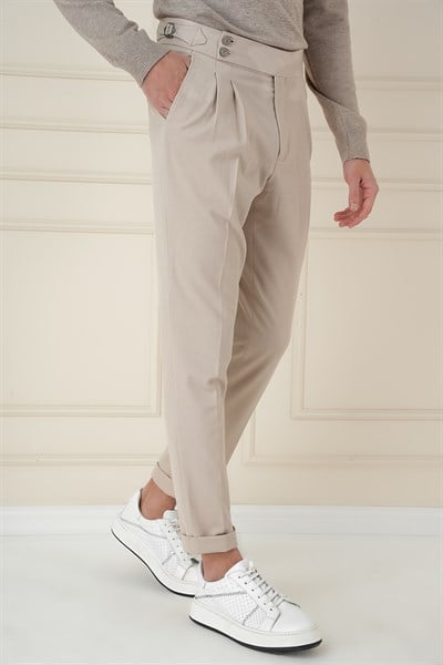 Slim Fit Çift Pileli Yanlardan Tokalı Esnek Pamuk Bej Pantolon P 1167