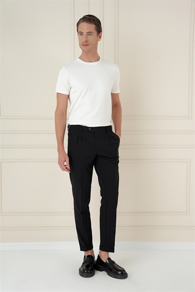 Slim Fit Çift Pileli Yanlardan Tokalı Esnek Pamuk Siyah Pantolon P 1162