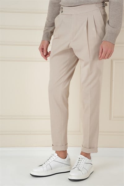Slim Fit Çift Pileli Yanlardan Tokalı Esnek Pamuk Bej Pantolon P 1167
