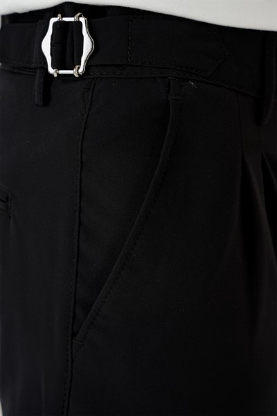 Slim Fit Çift Pileli Yanlardan Tokalı Esnek Pamuk Siyah Pantolon P 1162