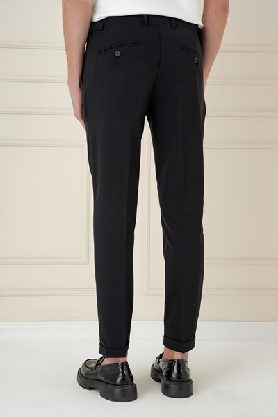 Slim Fit Çift Pileli Yanlardan Tokalı Esnek Pamuk Siyah Pantolon P 1162